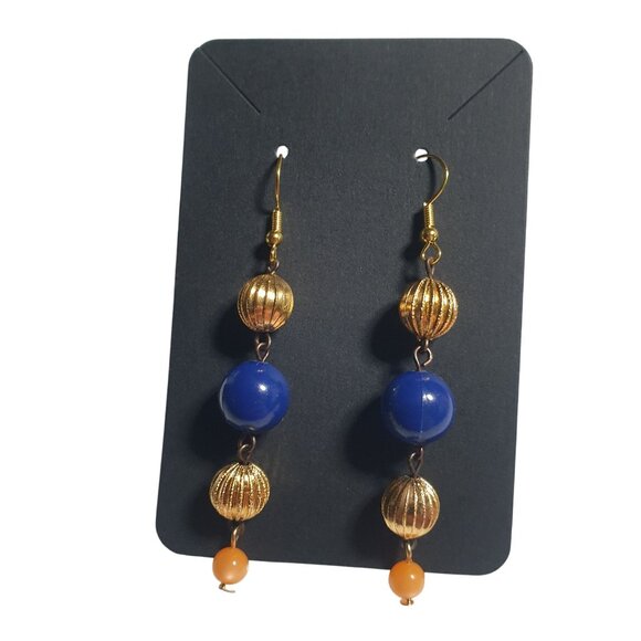 Handmade By Donovan Jewelry - Gold Tone Blue Orange Bead Dangle Earrings Hook Back Sports Fan Jewelry Gift